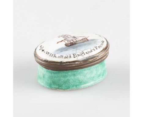 A BILSTON ENAMEL PATCH BOX, CIRCA 1780 oval, the hinged cover decorated with a ship and inscribed Nelson success attend / Wit