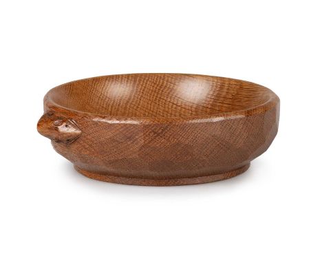 ROBERT THOMPSON OF KILBURN, A MOUSEMAN OAK BOWL adzed exterior, with carved mouse signature. 15.5cm diameter