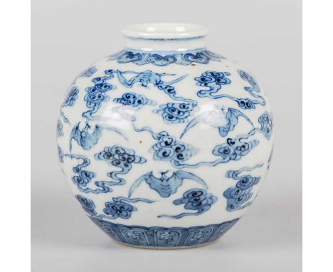 A CHINESE BLUE AND WHITE VASE the squat body underglaze blue painted with bats and clouds, bears underglaze blue seal mark. 9