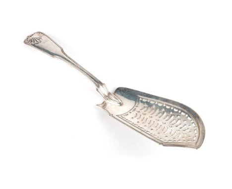 A GEORGE III SILVER FISH SLICE by Paul Storr, London 1818, Fiddle, Thread and Shell pattern, of typical form with a pierced b