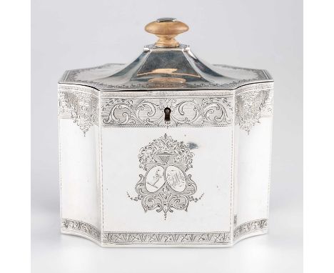 A GEORGE III SILVER TEA CADDY maker WS, London 1792, rectangular with concave corners and hinged domed cover, bright-cut engr