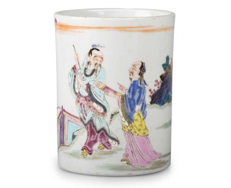 A CHINESE FAMILLE ROSE BRUSHPOT cylindrical, enamel painted with two scholars. 13cm high