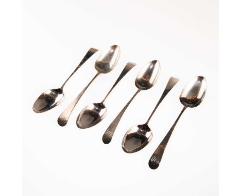 A COLLECTION OF GEORGE III SILVER TABLESPOONS by Hester Bateman, various dates and engraving. (6) Longest 22.5cm, 12.9 troy o