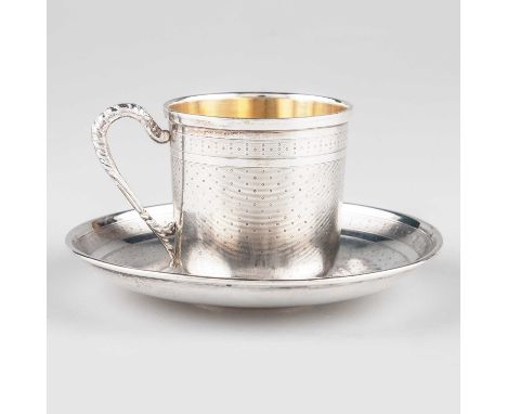 A FRENCH SILVER CUP AND SAUCER maker's marks indistinct, probably late 19th Century, each with engine-turned decoration and m