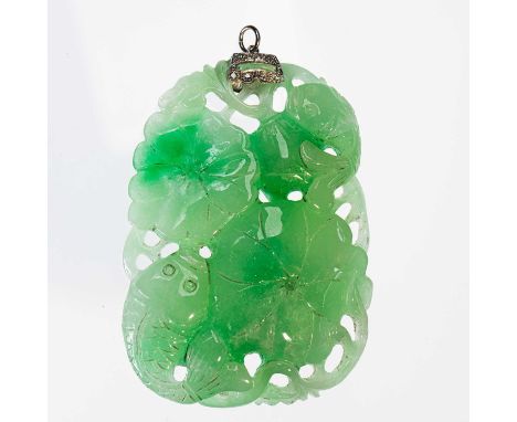 A LARGE JADE KOI CARP AND LOTUS PENDANT depicting two koi carp fish swimming amongst lotus, to a diamond and enamel bail. 8.5