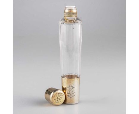 A LATE VICTORIAN SILVER GILT-MOUNTED GLASS FLASK by Sampson Mordan &amp; Co, London 1896, with monogrammed screw-top and deta