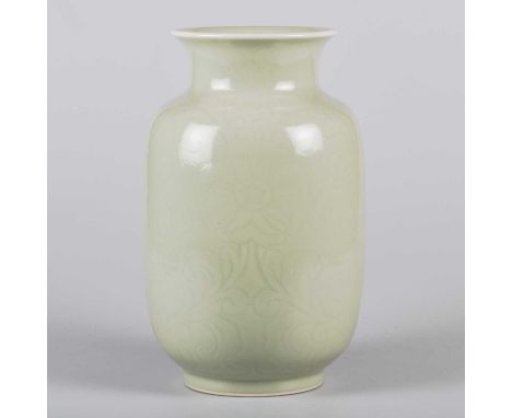 A CHINESE CELADON GLAZED LANTERN VASE with moulded decoration, probably 18th/19th Century. 28cm high