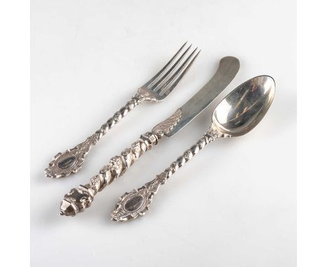 A VICTORIAN SILVER THREE-PIECE KNIFE, FORK AND SPOON SET by Francis Higgins II, London 1848, each with fancy twist stem. (3) 