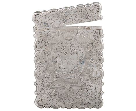 A VICTORIAN SILVER CARD CASE by Yapp & Woodward, Birmingham 1850, shaped rectangular form, engine-turned and engraved with sc