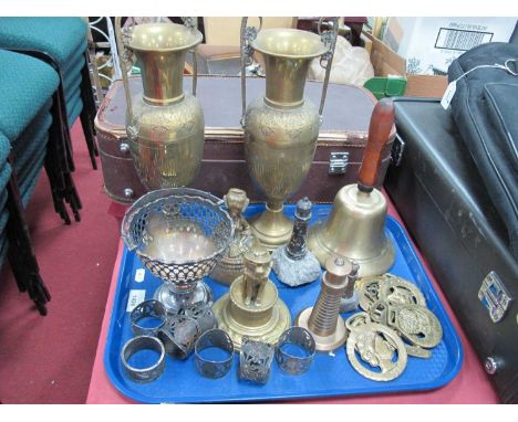 Pair French Brass Twin Handled Vases, brass school bell, desk bell, lighthouse lighter, serpentine lighthouses, horse brasses