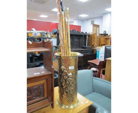 Grenadier Guards Walking Cane, two crook handled and African examples in brass stick stand.