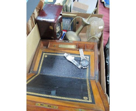 Brass Bound Writing Box, Oriental jewel cabinet, china thimbles, hardstone carving, Casio and Summit wristwatches:- One Box.