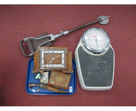 Shooting Stick, walnut mantel clock, Seca scales, knife, box, measure.