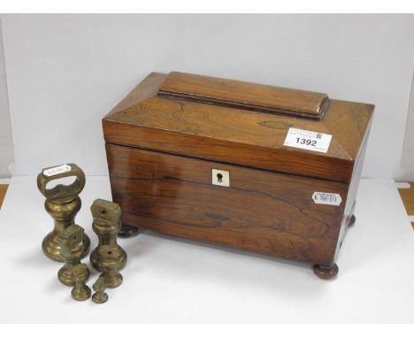 XIX Century Rosewood Tea Caddy with a Sarcophagus Top, mother of pearl escutcheon, on bun feet, together with brass bell shap