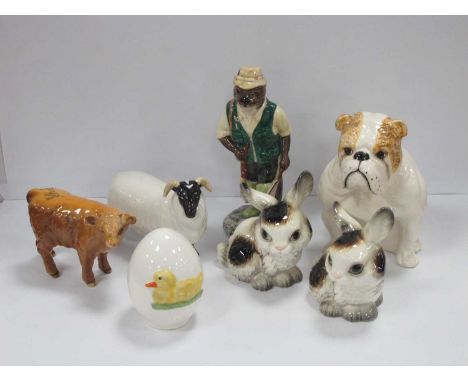 Beswick Sheep, Highland Calf, Fisherman, Otter, Doulton Bulldog, Goebel rabbits and egg:- One Tray.