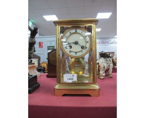 Brass Cased Mantle Clock, with bevelled glass panels, French 8-day movement, presentation engraved, 13.5cm wide.