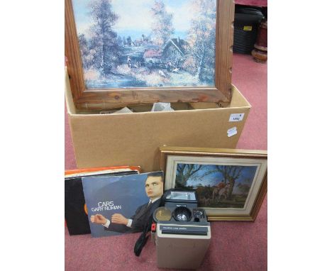 A Selection of 7" Singles, Polaroid camera and two framed prints.