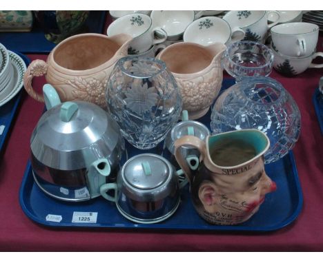 Greers Special Scotch Whisky Water Jug, Art Deco style three piece tea service, glass vase etc:- One Tray.