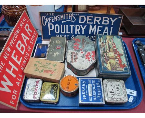 Vintage Advertising - Two circa 1930's shop card adverts for farm products; plus a selection of vintage tins:- One Tray