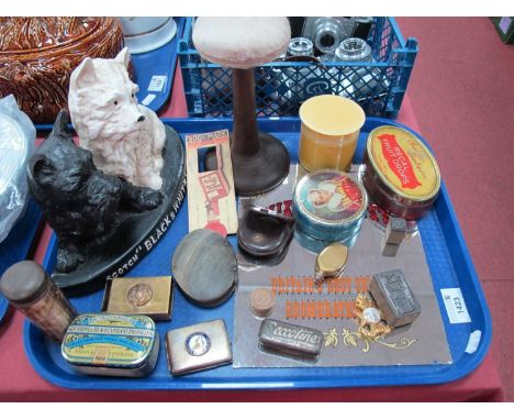 'Sunbrite' Advertising Mirror, advertising tins, matchbox covers, darning accessory, powder puff, Black &amp; White Scotch Wh
