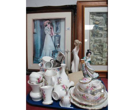 Hammersley, Coalport and Other Ceramics, Leonardo and Franklin Mint (damaged) figurines, ring stand etc:- One Tray. Two Decup