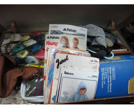 Vintage Knitting Patterns, handbags, table mats, ladies scarves, jug, etc in a mid XX Century suitcase and a collection of sp