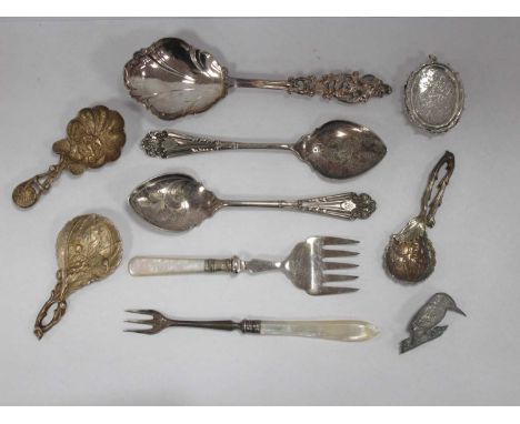 Silver Locket of Oval Form, white metal caddy spoons, other cutlery, Kingfisher brooch.