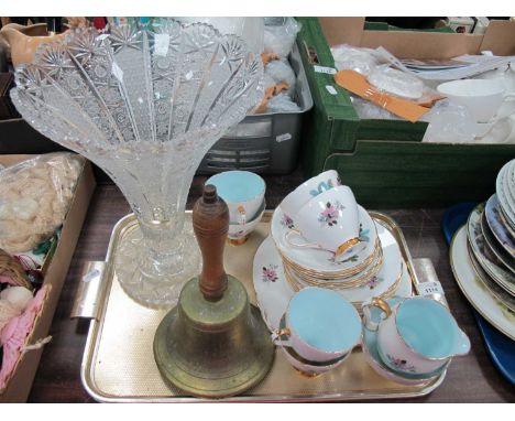 Star and Slice cut glass Vase, of fanned form, Gladstone tea service, brass bell:- One Tray