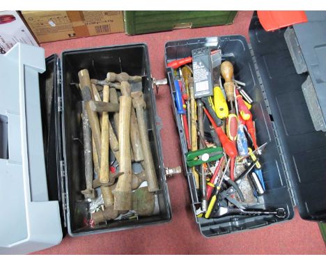 Tool Box, containing tools etc, hammer, screwdriver, screws, together with one other tool box containing hammers, axe, etc (2