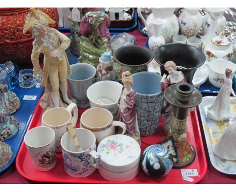 Gouda Pottery Candlestick and (dam) Vase, Q Victoria Jubilee and later commemorative beakers, XIX Century figures, irredescen