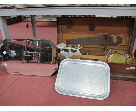 Wooden Tool Box, with fitted interior, Salter weighing scales, brass gongs, wall mirror, etc.
