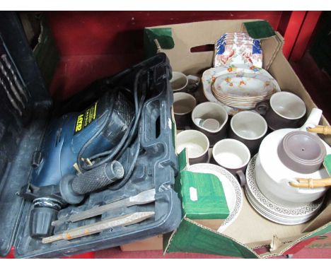 Stoneware Tea Service, fruit set, napkin rings etc, plus a Power Craft Drill (untested sold for parts only):- One Box.