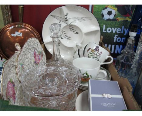 Glass Ships Decanter, comport and fruit bowl, Portmeirion 'Botanic Garden' breakfast cups and saucers, bread &amp; butter pla
