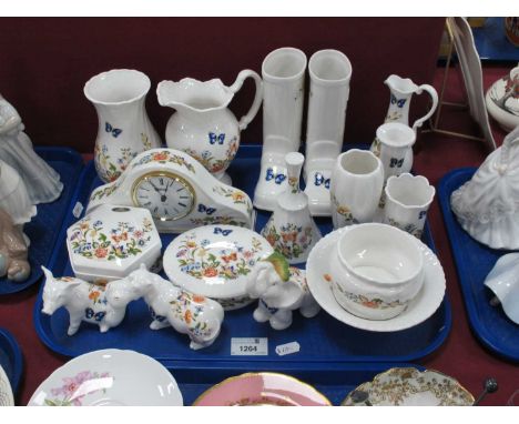 Aynsley Cottage Garden Wellington Boot Vases, trinket pots, candlestick clock, hippo, pig, elephant:- One Tray.