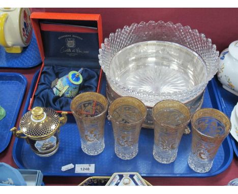 A Heavy Cut Glass Bowl, on plated stand pierced and swagged on paw feet, four gilt decorated tumblers, Spode commemorative tw