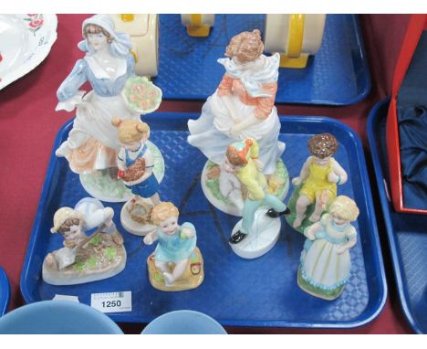 Royal Worcester Figurines 'A Farmers Wife' and 'Rosie Picking Apples', from the Old Country Ways Series. Five Royal Worcester