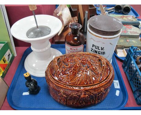 Cream Pottery Ham Stand, chemists bottles and Portmeirion treacle glazed game pie dish:- One Tray.XX Century - probably mid, 