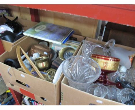 Pair of Vases, with rose decoration to black ground, weighing scales, glassware, brassware, books etc:- Three Boxes.