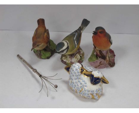 Royal Crown Derby 'Lambs' Paperweight, silver stopper (second quality), Royal Worcester 'Wren', 'Chaffinch', 'Blue Tit' and a