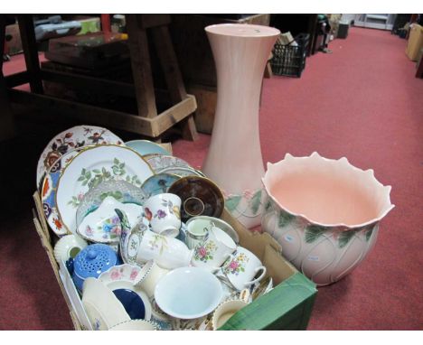 Spode Plates, ornaments etc:- One Box and a pink pottery jardiniere and stand.