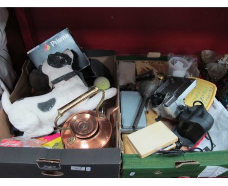 Sandicat Playful Jack Russell, Prisma binoculars, tool attachements, copper kettle, etc:- Two Boxes.