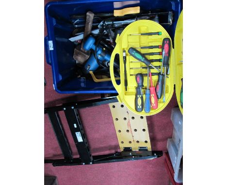 Workzone Saw, hot air guns (sold for parts only), tools, folding workbench