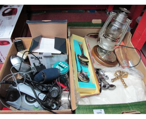 Binoculars, alarm clock, storm lamp, cutlery, lava lamp, linens, etc:- Two Boxes