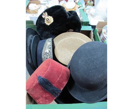 Two Vintage Straw Boaters, bowler hats, folding top hat, fez, etc:- One BoxAll hats with some wear, slightly misshapen and fr