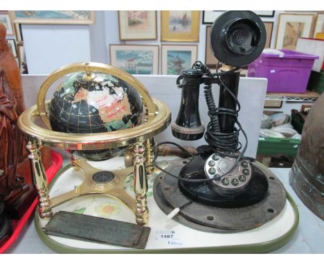 Mineral Terrestrial Globe, candlestick telephone, brass wall plaques, bell:- One Tray