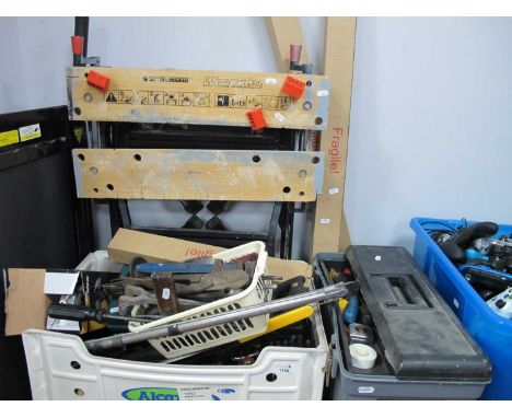 Tools - Table vice, saws, drill bits, wrech, pliers, adjustable spanner etc, Workmate folding table.