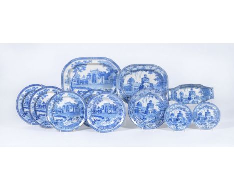 A selection of Rogers blue and white printed pearlware, two Eastern patterns, circa 1820, 'Gate Leading to Musjed at Chunar G