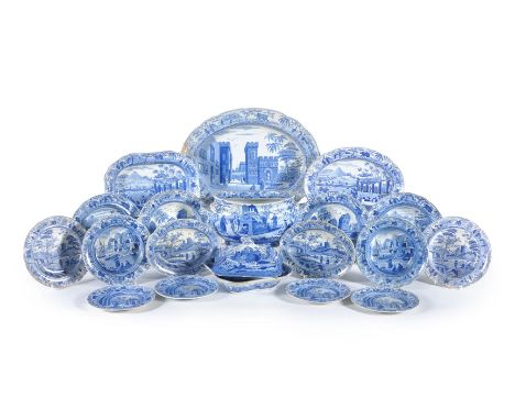A selection of Spode blue and white printed pottery wares from the 'Caramanian' series, circa 1810, including: four oval serv