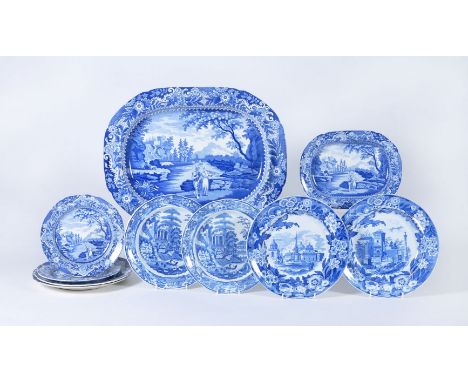 A selection of South Yorkshire blue and white printed pearlware, first quarter 19th century, comprising: A Brameld 'Castle of
