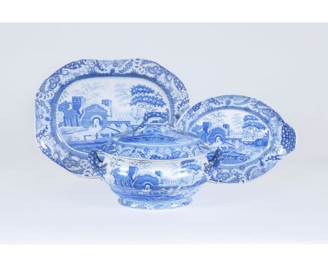 A Spode blue and white printed 'Castle' pattern pearlware soup tureen, cover and stand, circa 1810, 43.5cm in length; and a r